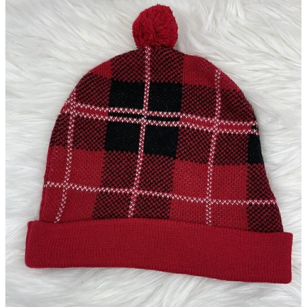 Ugly Sweater Christmas Beanie Hat Cap Sequin Candy Cane Red Black Plaid Pom Pom